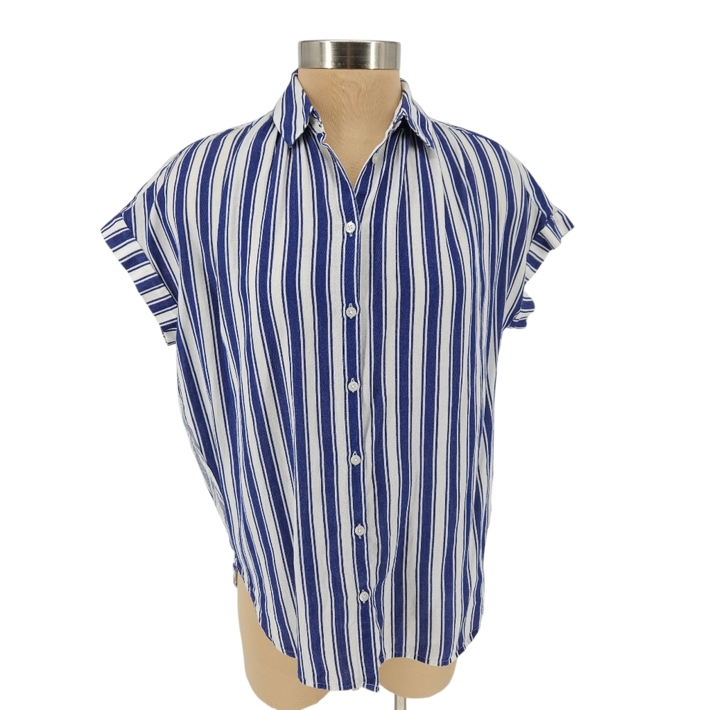 Madewell Central Shirt Oxford Blue Shea Stripe Short Sleeve Button Collared XS